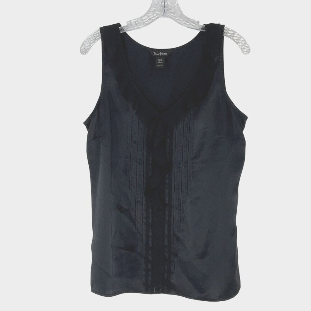 White House Black Market Top Women L Silk Black Sleeveless Ruffle V-Neck Pleated